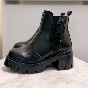 Faux Leather Chunky Ankle Black Boots with Buckle Detail